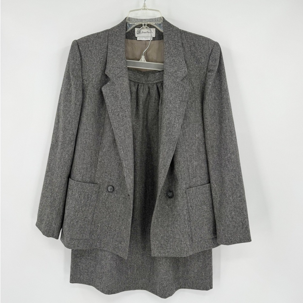 Evan-Picone Vintage Grey Wool Blend Double Breasted Blazer and Skirt Suit Set 12